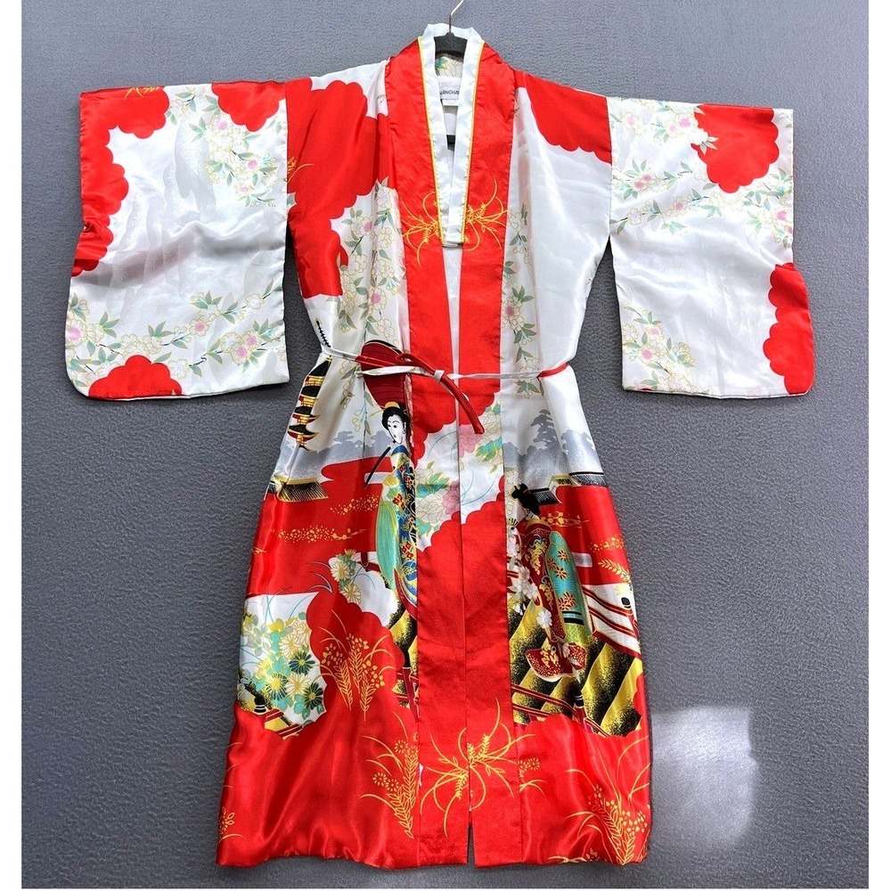 Shanghai Soho Kimono Robe 6/8 Red White Geisha Pagoda Floral Satin